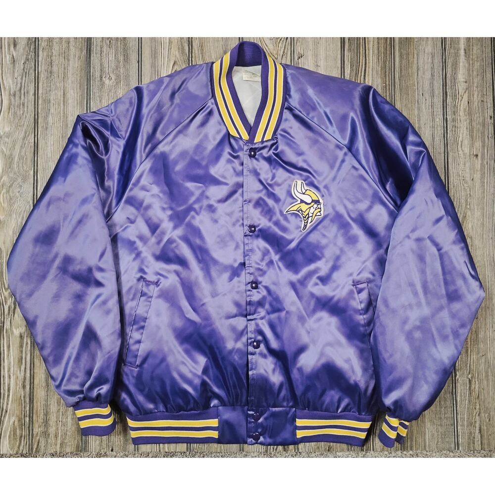 Vintage Minnesota Vikings Chalk Line Satin Bomber Jacket Size XL NFL 80s 90s